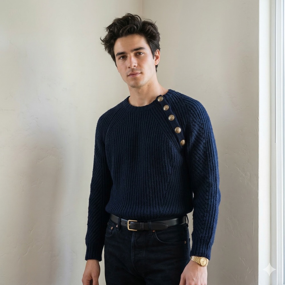 Pierre Balmain Sweater Mens‎ 40 Medium Navy Blue Wool Blend Ribbed Button Eyelet
